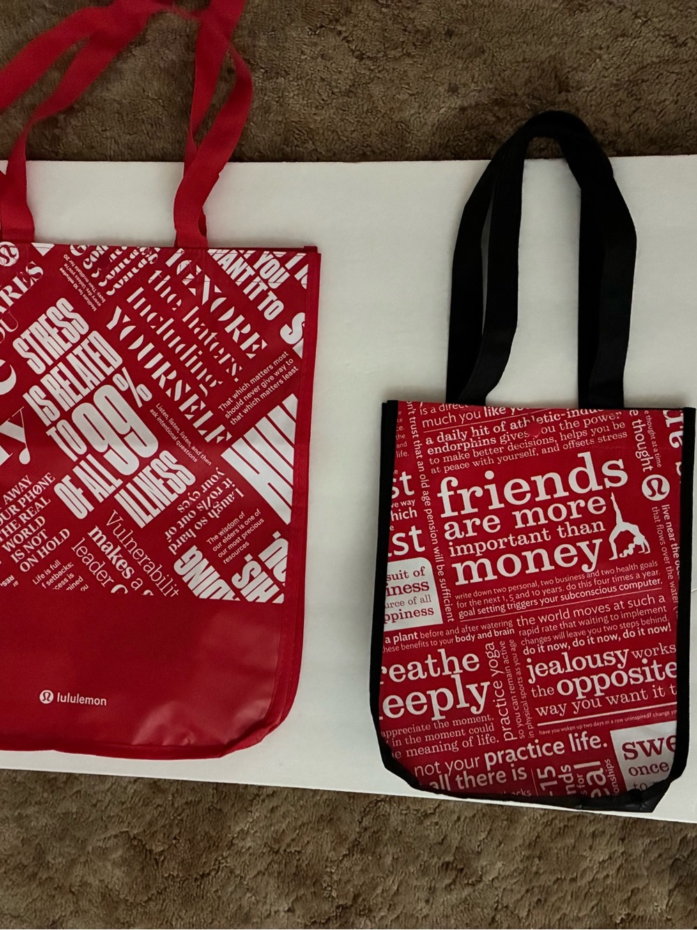 Lululemon Red Graphic Reusable Tote EUC Bag Pair LOT OF 2 (Big & Small Bags)